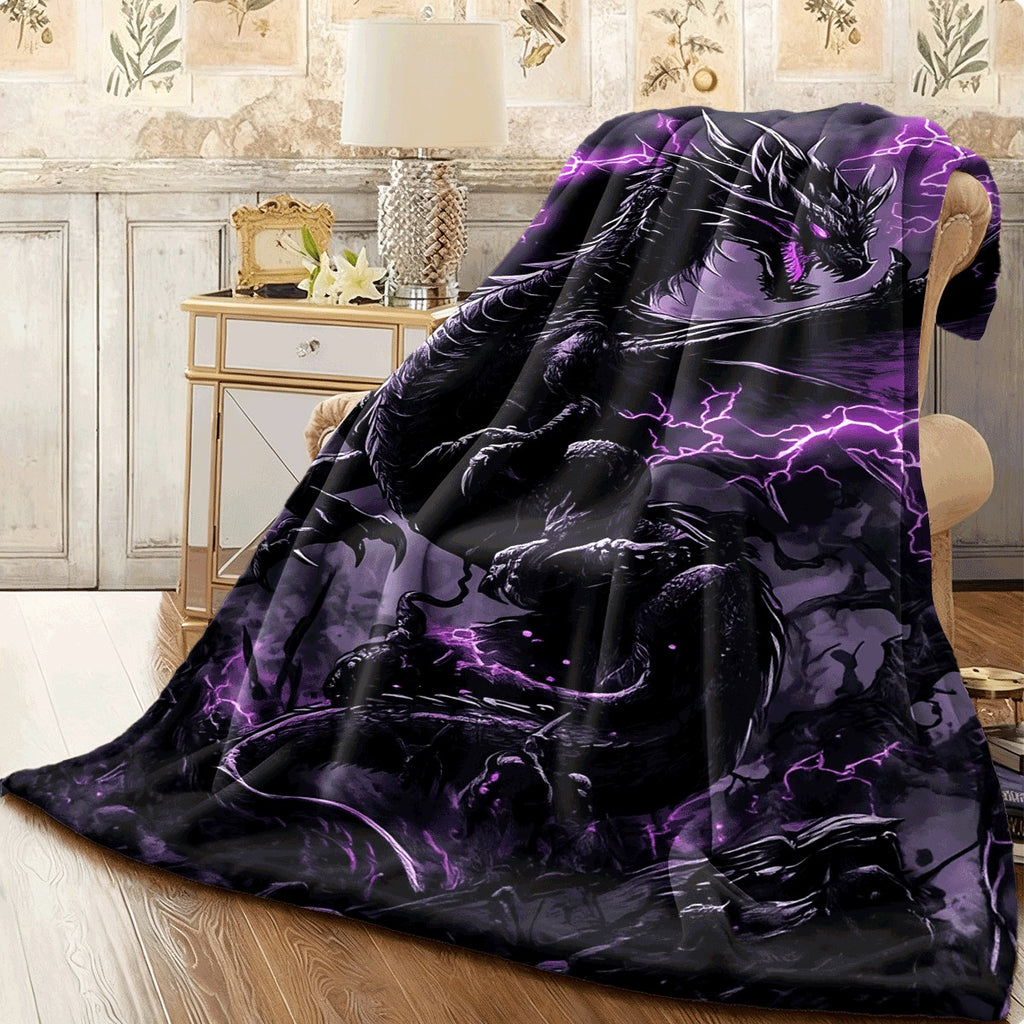 1pc Dark Dragon with Purple Lightning Flannel Blanket Mystical Fantasy Style Throw Soft And Cozy for Sofa Gothic Decor Fleece Blanket All-Season Warm Gift