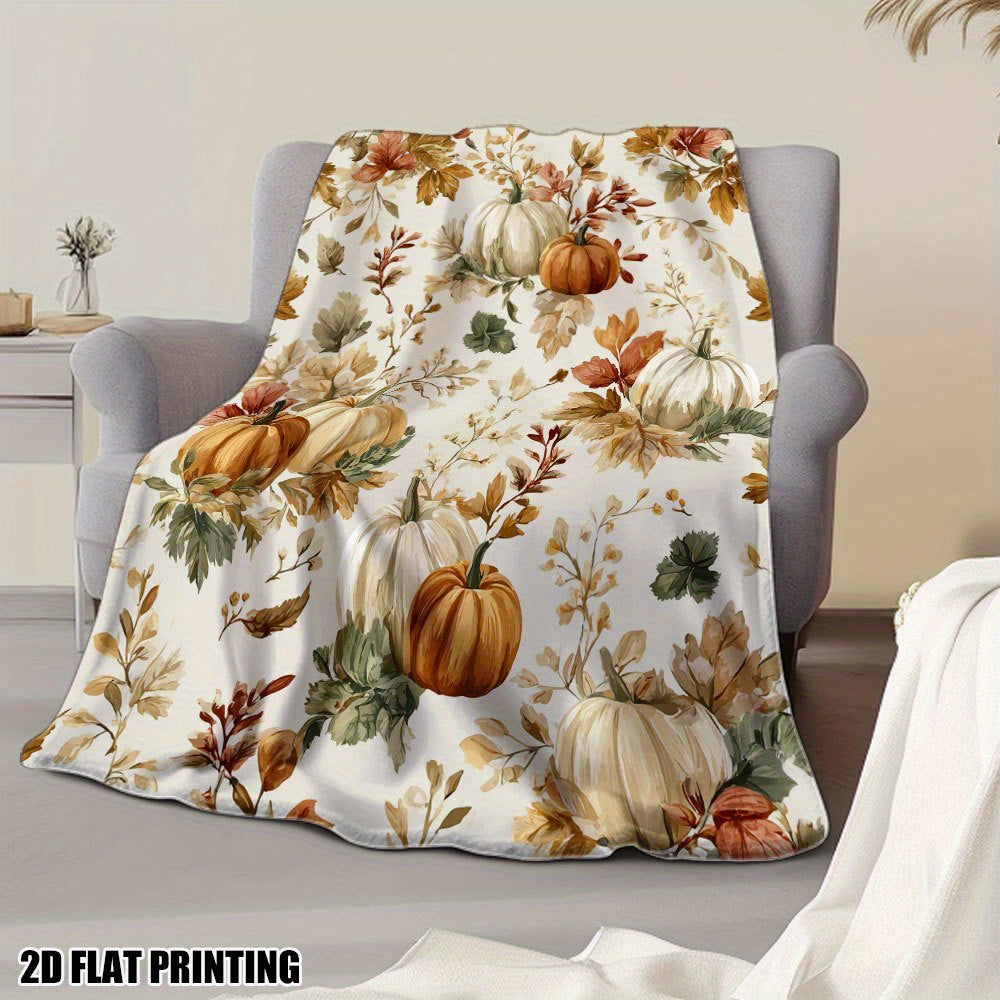 1pc Autumn Pumpkin Floral Pattern Flannel Blanket, Soft Comfortable Warm, Beige And Orange Design, Durable Plush Surface, All-Season Bed Blanket, Warm Cover, Multiple Sizes Available, Suitable for Bedroom, Living Room, Sofa, Balcony
