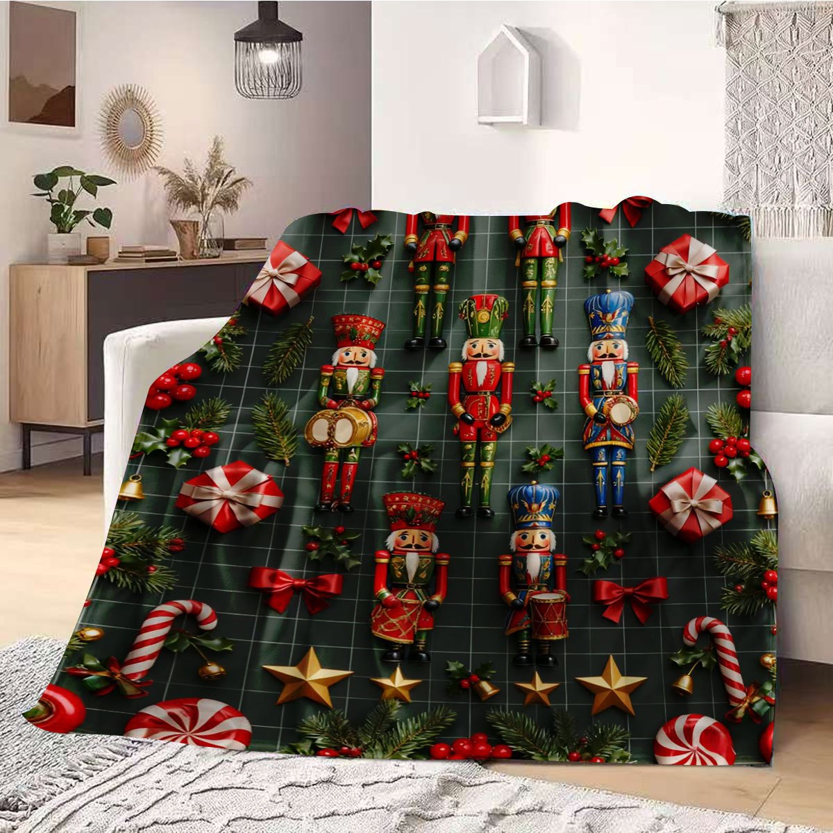 Christmas Nutcracker and Holiday Gift Themed Green Flannel Blanket, Soft, Comfortable, and Warm, Red and Golden Decorative Style Design, Durable Plush Surface, All-Season Universal Bed Blanket, Warm Throw Blanket, Multiple Sizes Available