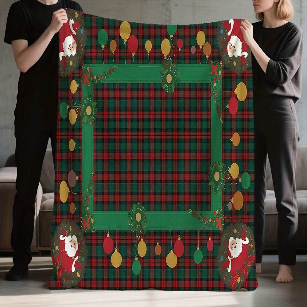 1pc Santa Claus and Christmas Ornament Pattern Red Plaid Flannel Blanket, Soft, Comfortable, and Warm, Classic Red and Green Design, All-season Throw, Warm Lap Blanket, Available in Multiple Sizes, Suitable for Living Room Sofas, Bedroom
