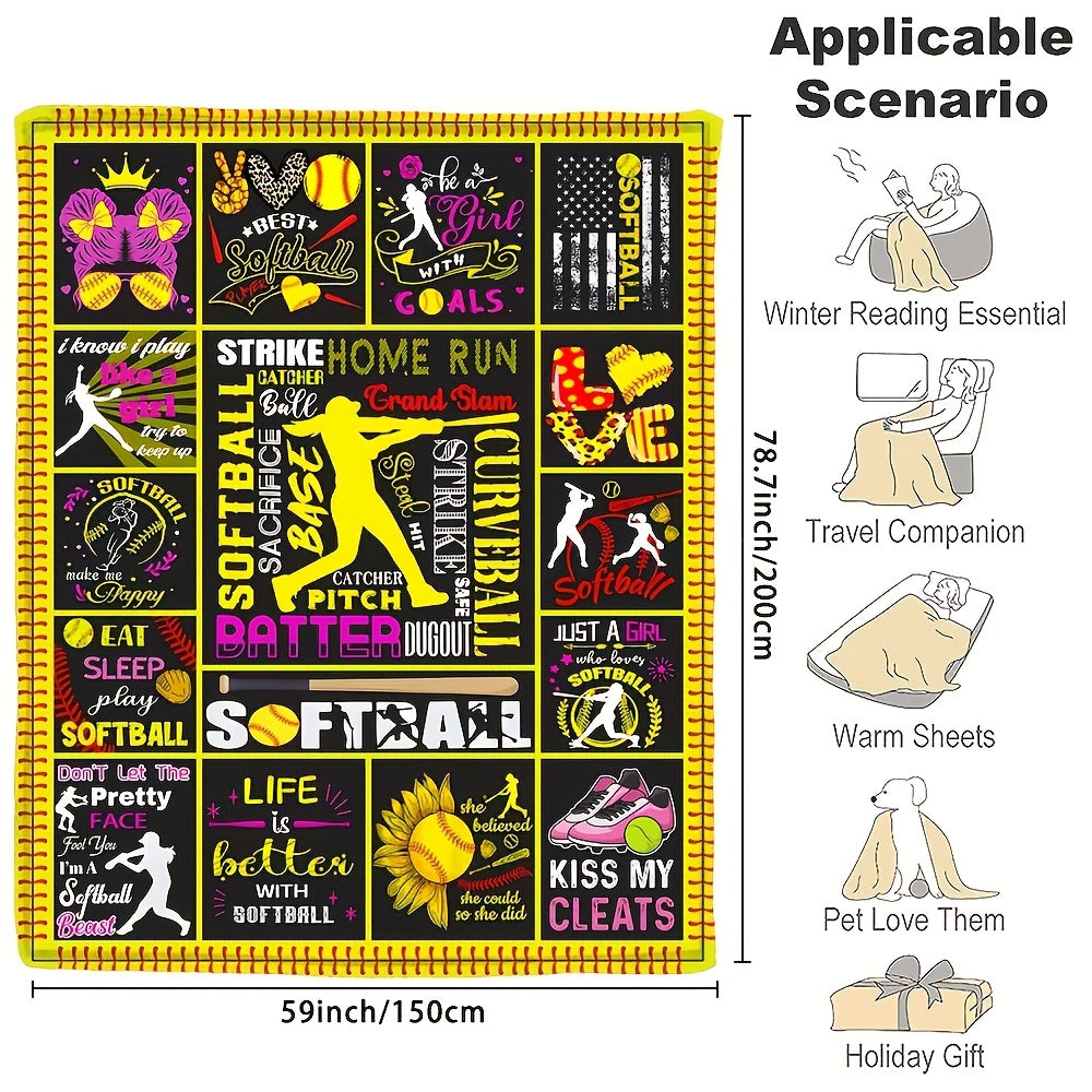 1pc Ultra-Soft & Warm Reversible Flannel Softball Blanket - Cozy Throw for Softball Fans, Perfect Gift for Girls, Boys & Adults - Vibrant Champagne with Playful Softball Designs, Sports Fan Gift | Reversible Blanket | Flannel Fabric
