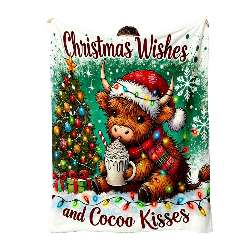 Highland Cattle Design Christmas Tree Hot Cocoa Comfort Flannel Blanket for Sofas. This Soft Flannel Blanket Is Perfect for Sofas, Cars, And Offices, Making It The Ideal Choice for a Christmas Siesta