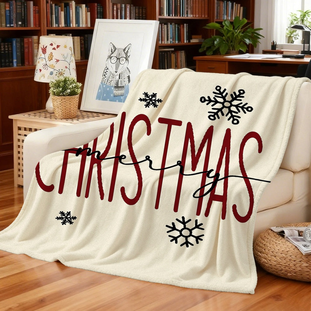 1pc of Christmas Merry CHRISTMAS Themed Cream Beige Flannel Blanket, Featuring a Festive and Cozy Design. Soft Plush Surface, Suitable for All Seasons. Ideal for Reading Time, Office Naps, and Weekend Sofa Lounging