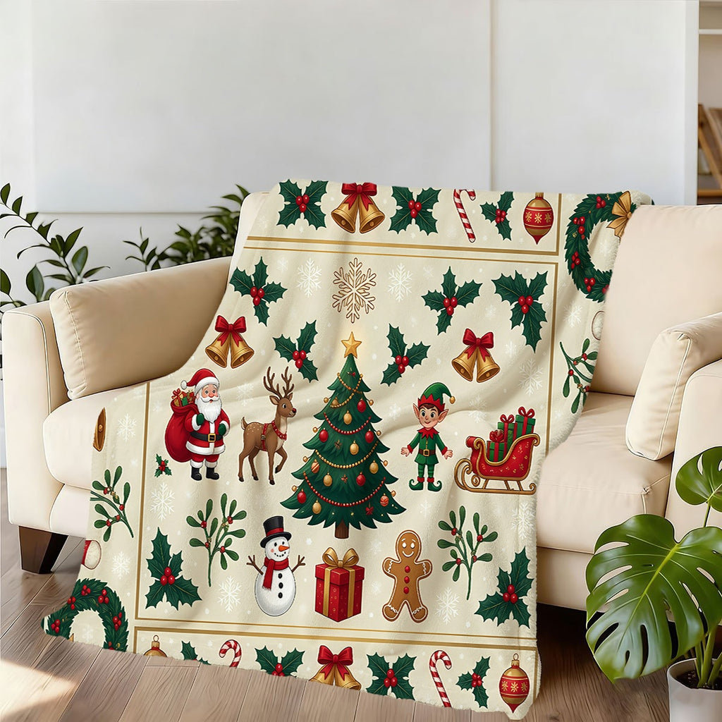 1pc, Santa And Reindeer Pattern Christmas Theme Flannel Blanket, Soft Comfortable Warm, Beige Design, Durable Plush, All-Season Sofa Blanket, Warm Cover, Multiple Sizes Available, Suitable for Living Room Sofa, Bedroom, Reading Corner