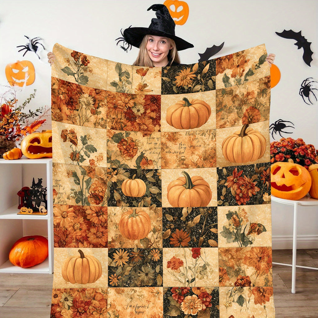 Halloween Pumpkin and Floral Patchwork Design Flannel Blanket, Soft, Comfortable, and Warm, Autumn Vintage Style, Durable Plush Surface, All-Season Bed Blanket, Warm Throw Blanket, Multiple Sizes Available, Suitable for Living Room, Bedroom