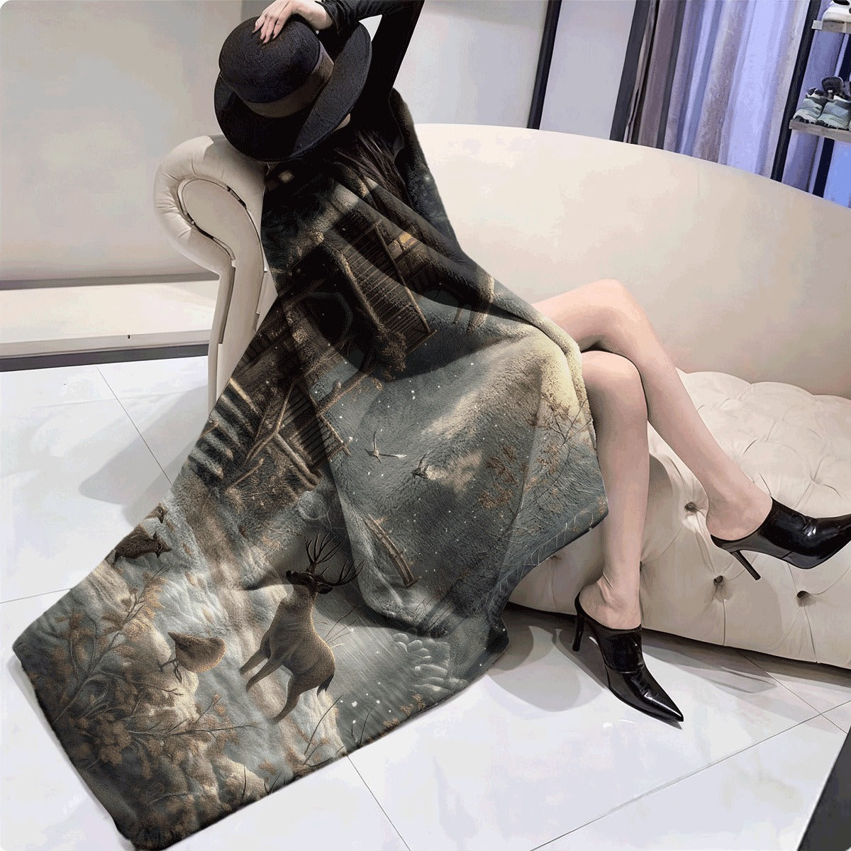1pc Soft Flannel Elk And Deer Forest Blanket Thick Warm All-Season Throw Couch Throw Or Travel Cover Green Brown Gray Beige Hunting Lodge Design with Elk Deer And Birds Rustic Cabin Style