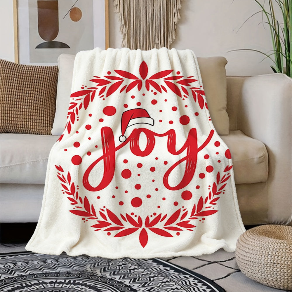 1pc Christmas Red And White "Joy" Letter And Wreath Pattern Flannel Blanket, Christmas Winter Body Blanket, Soft Plush All-Season Use, Suitable for Reading Time, Holiday Home Decor, And Weekend Sofa Naps