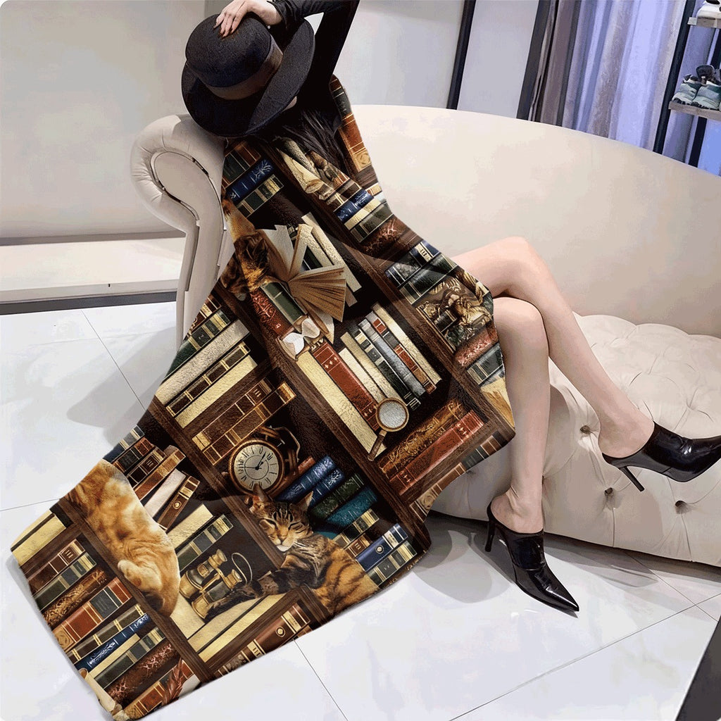 1pc Cozy Flannel Blanket with Vintage Bookcase Cat Print Retro Book Lover Reading Nook Home Decor Ultra Soft Warm All Season Sofa Couch Blanket