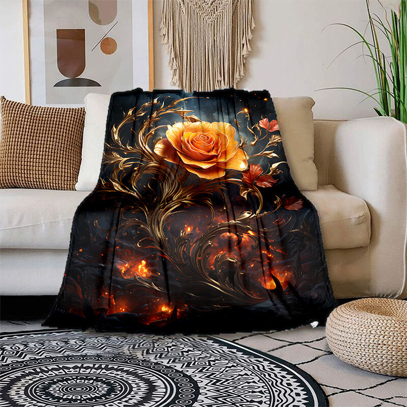 1pc Golden Rose Print Blanket, Romantic Artistic Throw, Ultra-Warm Soft And Comfortable, Flannel Blanket, Multi-Size Available, Suitable for Living Room, Bedroom, Balcony, Courtyard