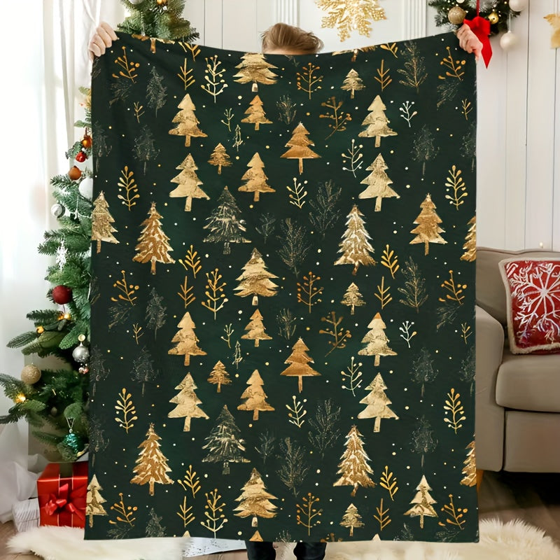 1pc of Christmas-themed Item, Vintage Golden Texture, Cedar, Snowflake, Christmas Tree, Christmas, Printed Blanket, Soft and Warm, Suitable as a Holiday Gift for Classmates, Friends, Family, and Loved Ones, Suitable for Naps, Camping, Travel