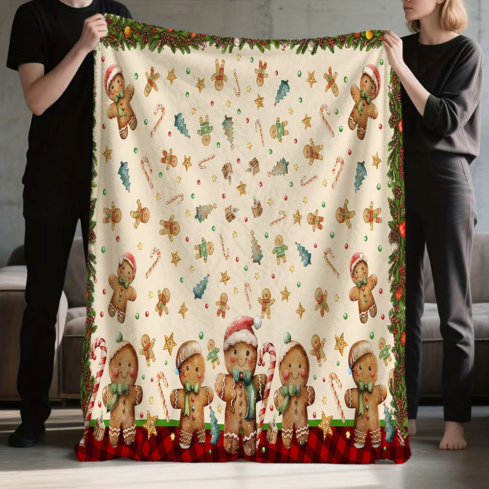 1pc Christmas Gingerbread Man And Holiday Wreath Pattern Flannel Blanket, Soft Comfortable Warm, Beige Base Design, All-Season Sofa Blanket, Warm Throw Blanket, Multiple Sizes Available, Suitable for Living Room Sofa, Bedroom, Reading Corner