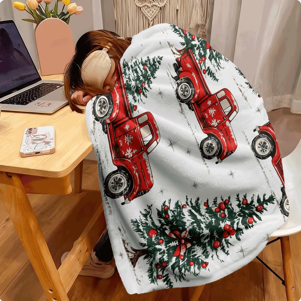 1pc Christmas Winter Red Truck And Tree Flannel Blanket Cozy Warm Throw for Sofa Festive Xmas Home Decor with Snowy Christmas Trees Holiday Plush Blanket