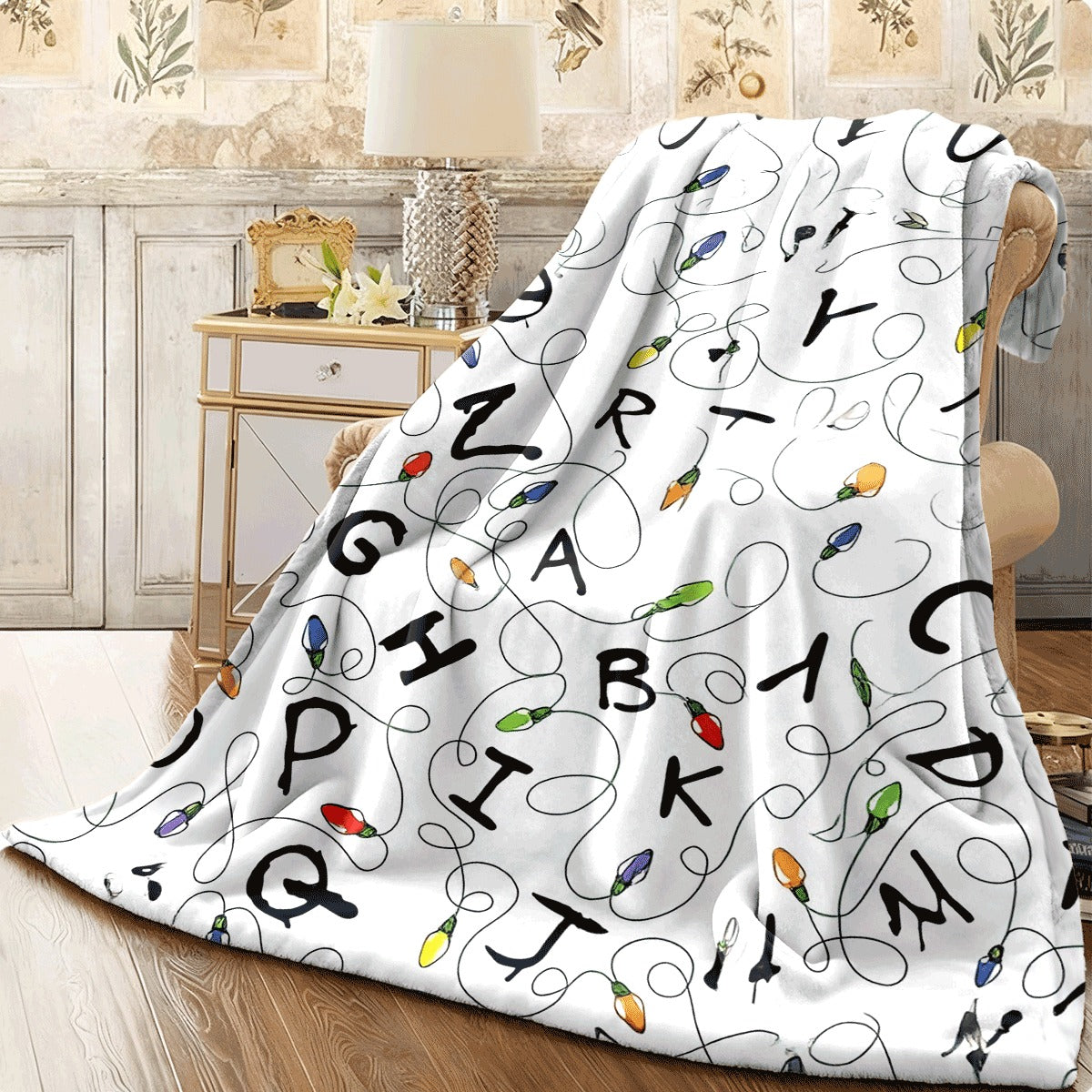 1pc Cozy Flannel Alphabet Christmas Light Blanket, Soft All-Season Throw for Holiday Decor, Cute Alphabet & Christmas Light Print Design, Ultra Plush Fabric for Home Comfort