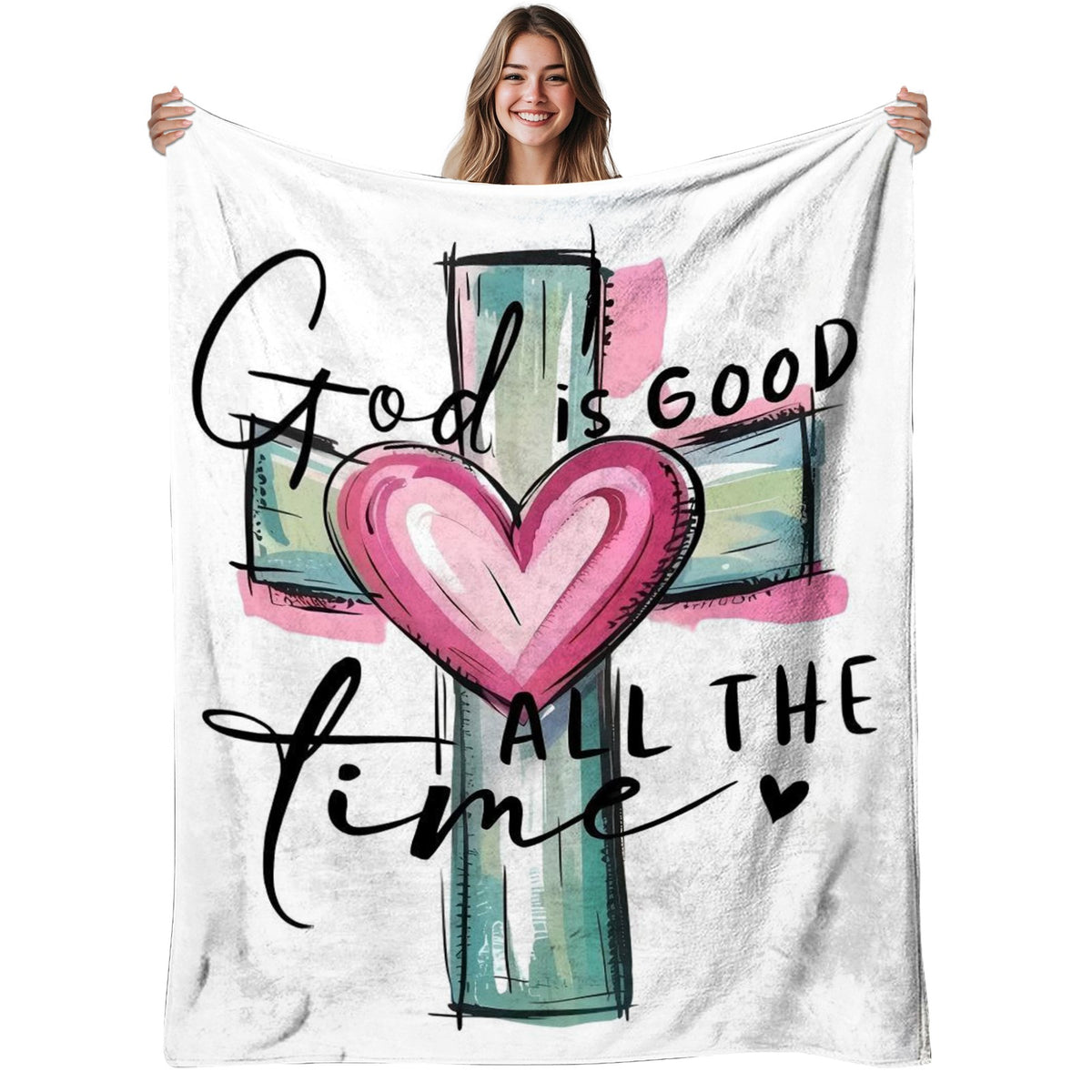 1pc, God Is Good Cross Heart, Soft Flannel Blanket, Warm, Faith Theme Printed Design, Suitable for Living Room, Bedroom, Sofa, All Seasons, Halloween| Christmas| Room Decoration| Autumn Home Decoration, 280Gsm