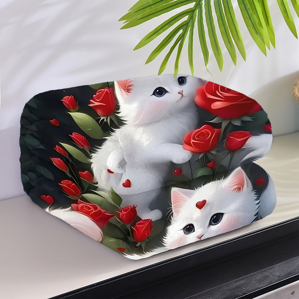 1pc 2D Flat Printing, 3 Cats And Red Roses Throw Blanket, Soft Fleece Blanket - Black Background Romantic Design, Multi-Sizes Available, Suitable for Living Room Sofa, Bedroom Sofa Cover, Leisure Reading, Winter Warmth And Holiday Decor