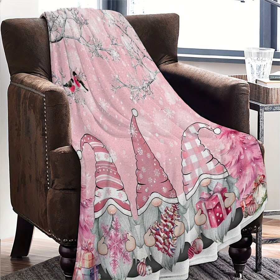 Pink Christmas Flannel Blanket with Snowflake, Branch, Bird, and Gnome, Pink Christmas Tree, Winter Snowflake Gradient, Warm and Cozy, for Travel, Camping, Sofa, Chair, Home Bed, Christmas Decoration