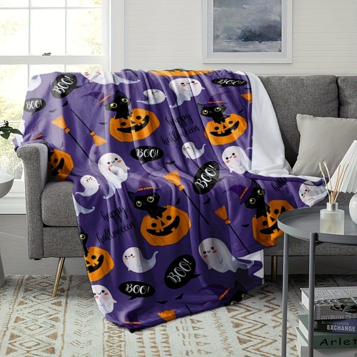 1pc 2D Flat Print Halloween Cat Pumpkin Pattern Blanket, Soft Flannel Throw, Purple Cartoon Design, All-Season Warm Cover Blanket, Multiple Sizes Available, Suitable for Living Room Sofa, Bedroom, Reading Nook, Holiday Parties, and Leisure Time