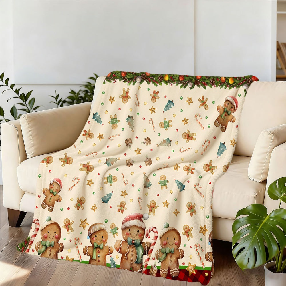 1pc Christmas Gingerbread Man And Holiday Wreath Pattern Flannel Blanket, Soft Comfortable Warm, Beige Base Design, All-Season Sofa Blanket, Warm Throw Blanket, Multiple Sizes Available, Suitable for Living Room Sofa, Bedroom, Reading Corner
