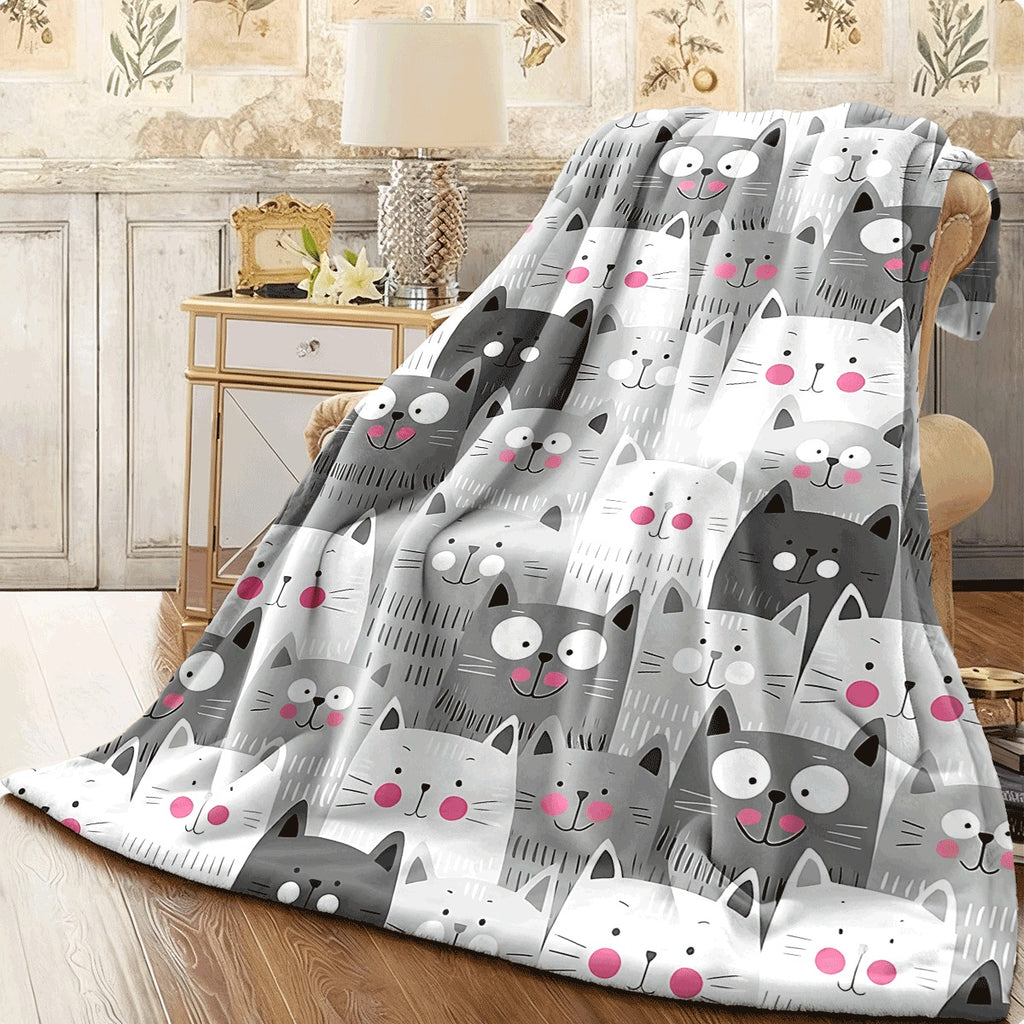 1pc Cute Cat Pattern Ultra-Soft Flannel Blanket All-Season Warm Cozy Throw for Couch Adorable Gray White Cats with Pink Cheeks Print Plush Fleece Fabric