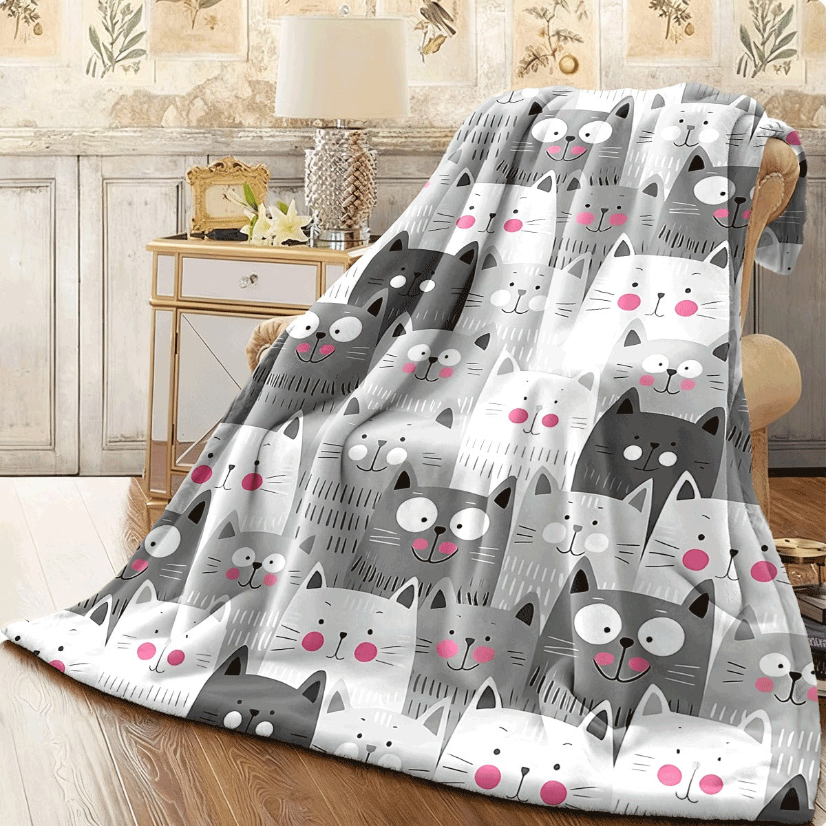 1pc Cute Cat Pattern Ultra-Soft Flannel Blanket All-Season Warm Cozy Throw for Couch Adorable Gray White Cats with Pink Cheeks Print Plush Fleece Fabric
