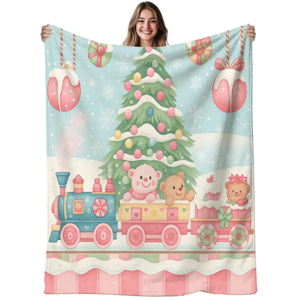 1pc, 2D Flat Christmas Tree And Little Bear Train Theme Flannel Blanket, Soft Comfortable Warm, Blue Pink Festive Design, Durable Plush, All Seasons, Warm Cover, Suitable for Weekend Sofa Naps, Reading Time, Bedroom Bed Use