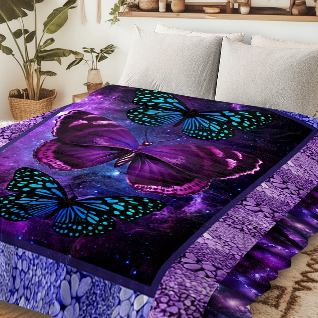Purple Butterfly Flannel Blanket- Modern Style Reversible Digital Print Animal Theme, Suitable for All Seasons, Multifunctional Microfiber Bedding, Machine Washable- Moon Palace