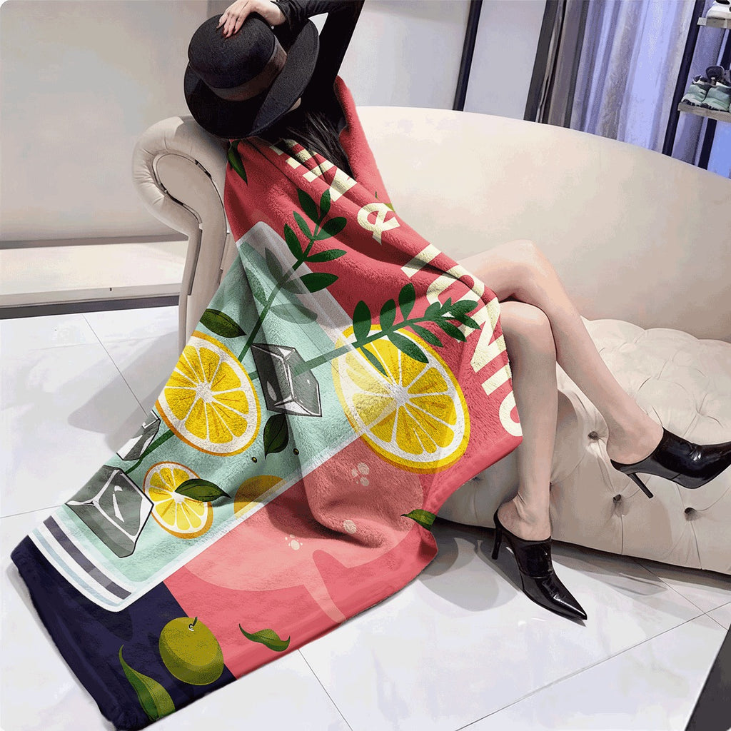 1pc Gin & Tonic Flannel Blanket Vibrant Retro Roostertail Print with Lemons Ice and Herbs Soft Cozy Throw for Sofa Colorful Summer Drink Themed Flannel Fabric