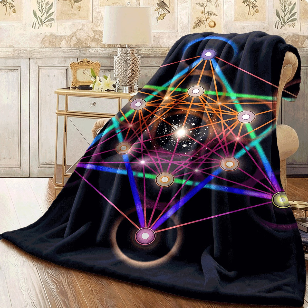 1pc Flannel Blanket Psychedelic Sacred Geometry Design with Colorful Lines & Glowing Dots Mystical Dark Background Cozy Soft Throw for Sofa & Perfect for Meditation & Spiritual Home Decor