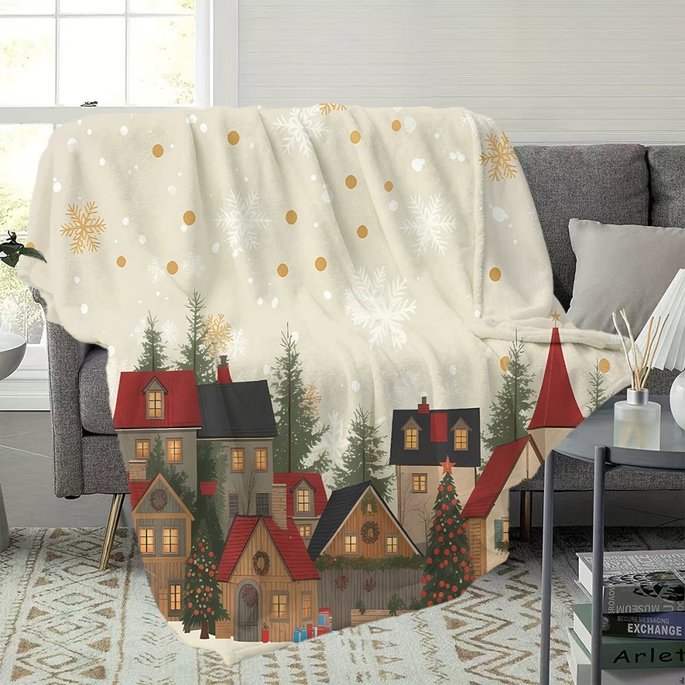 1pc Christmas Snowy Cottage Flannel Blanket, Soft Comfortable Warm, Beige And Golden Design, All-Season Sofa Blanket, Warm Cover, Multiple Sizes Available, Suitable for Living Room Sofa, Bedroom, Reading Corner, Leisure Time, And Holiday Decor