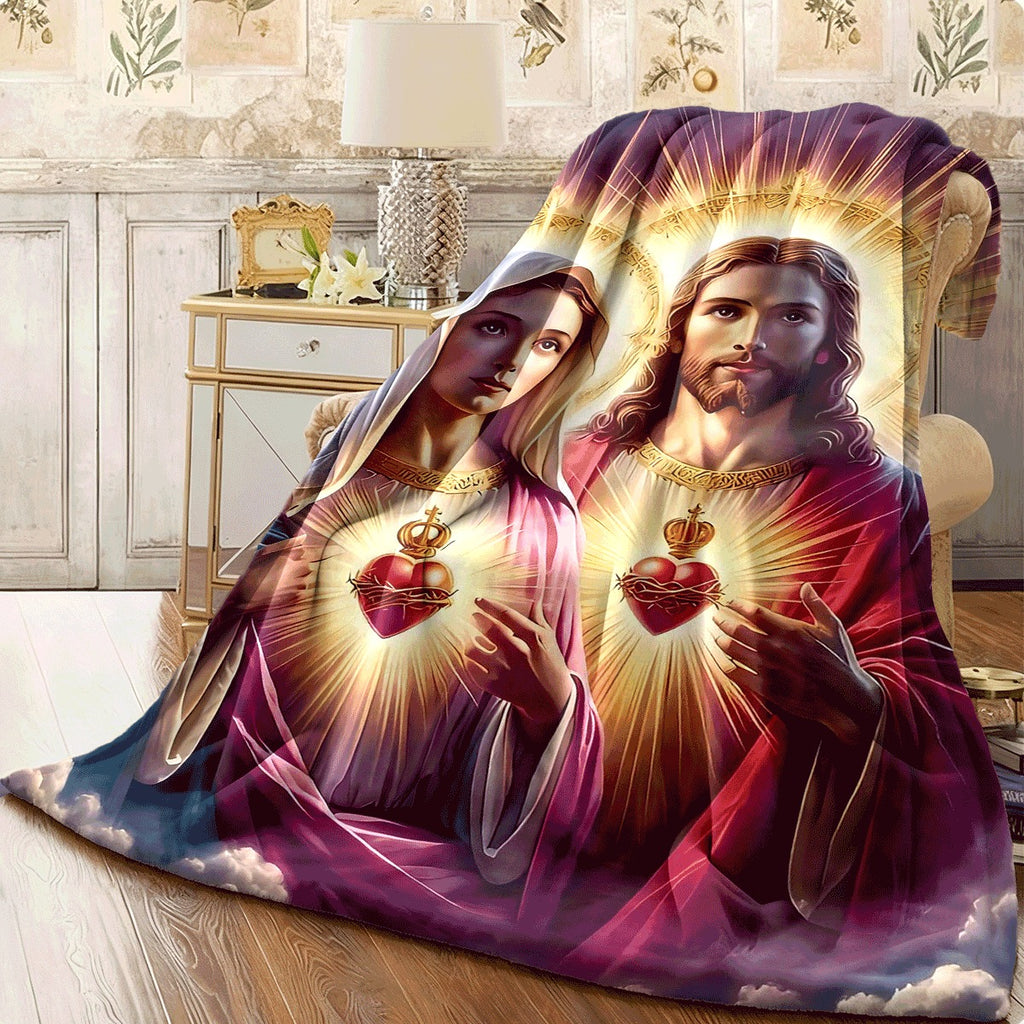 1pc Digital Print Flannel Fleece Blanket And Sacred Heart Design Soft, Warm, And Versatile for Couch, Travel, Or Gift Machine Washable, All-Season Comfort, Mixed Colors, Couch Th