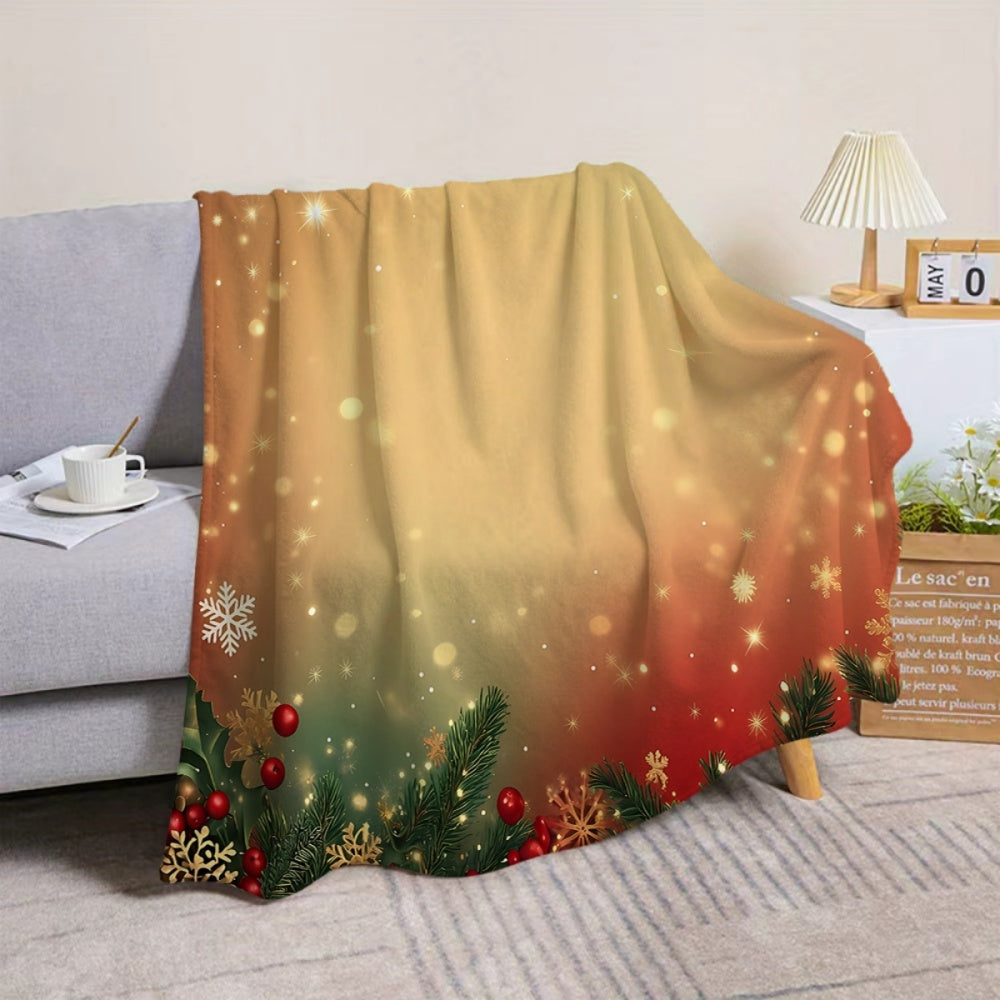 Christmas Holiday Pine Branch Snowflake Gradient Flannel Blanket, Soft, Comfortable, and Warm, with an Orange-yellow-red-green Gradient Design, Durable Plush Surface, All-season Universal Sofa Throw, Warm Lap Blanket, Available in Multiple Sizes