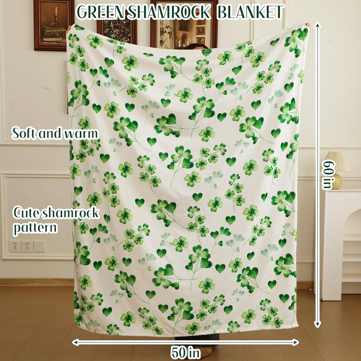 A Cozy And Soft 50X60 Throw Blanket Featuring Shamrocks, Perfect for St. Patrick'S Day. This Plush Flannel Blanket Is a Lovely Decorative Piece for Your Living Room, Couch, Or Bedroom, Making It an Ideal Romantic Gift for Your Mother, Wife