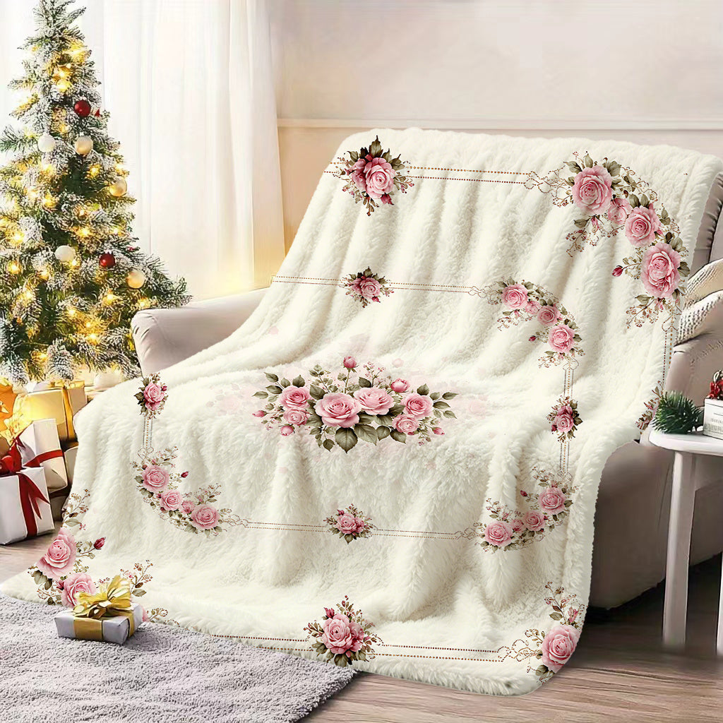 1pc Pink Rose Border Pattern Blanket, Vintage Style Design, Soft Plush Surface, Lightweight and Durable Flannel Material, Multiple Sizes Available, Perfect for Holiday Gatherings, Living Room Lounging, Bedroom Warmth, Study Reading, Seasonal Home
