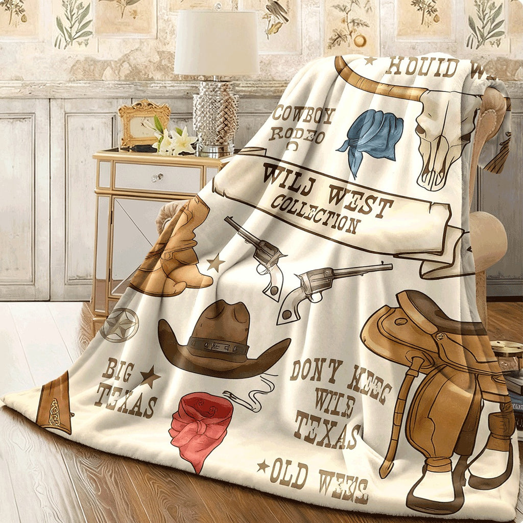 1pc Vintage Wild West Cow Print Flannel Throw Blanket Soft, Cozy, and Stylish Retro Western Decor for Home or Sofa, Machine Washable, Polyester, Perfect for All Seasons, Western Home