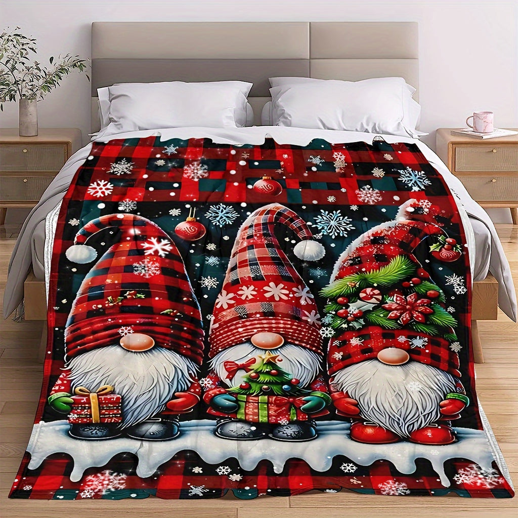 1pc Christmas Gingerbread Man And Snow Sprite Pattern Black Red Main Color Flannel Large Blanket, Multi-Size Full-Size Blanket, Christmas Winter Decor Design, Suitable for Holiday Home Decor, Reading Time, Dorm Life