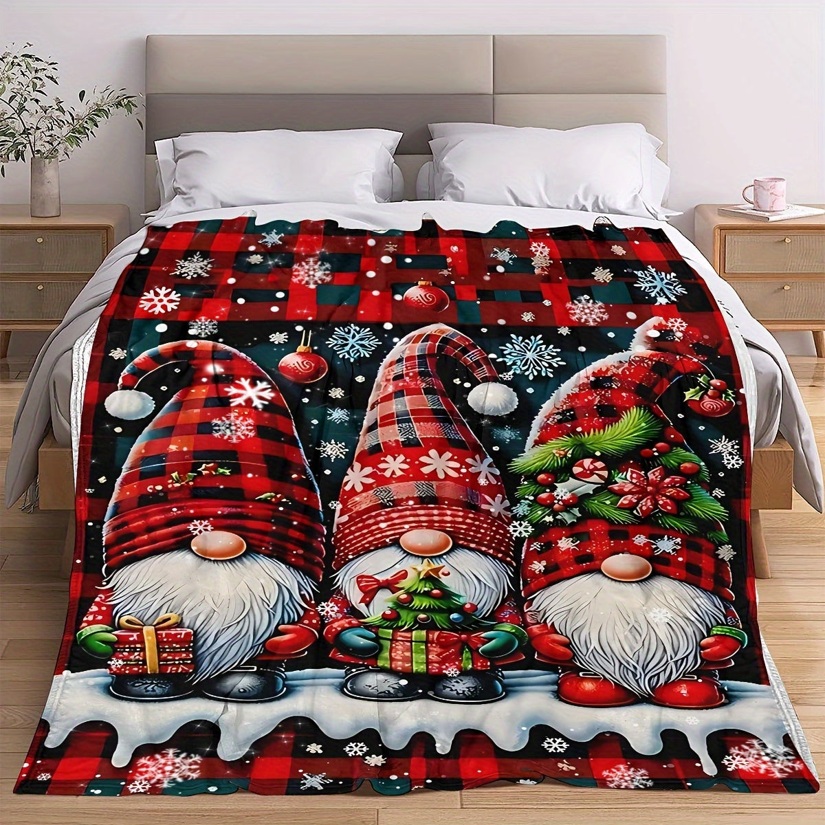 1pc Christmas Gingerbread Man And Snow Sprite Pattern Black Red Main Color Flannel Large Blanket, Multi-Size Full-Size Blanket, Christmas Winter Decor Design, Suitable for Holiday Home Decor, Reading Time, Dorm Life