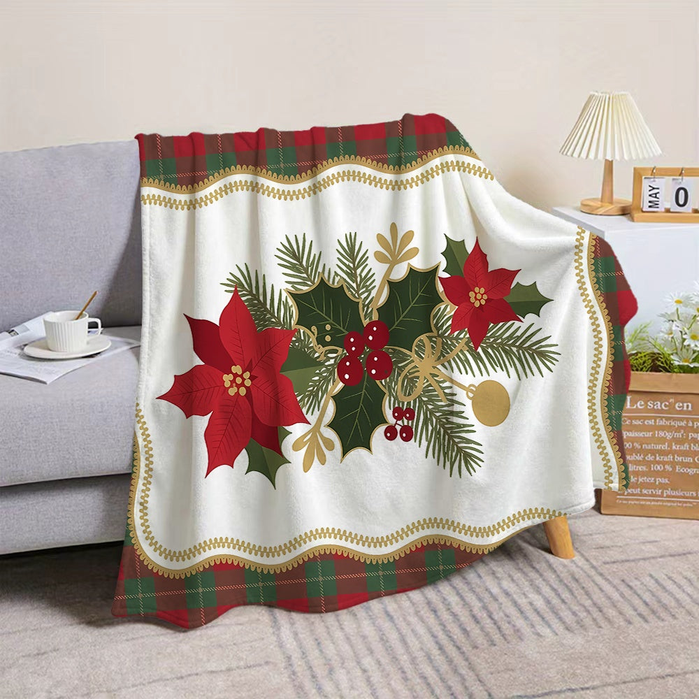 1pc Christmas Floral And Holly Leaf Theme Flannel Blanket, Soft Comfortable Warm, Red Green Golden Design, All-Season Blanket, Warm Cover, Multiple Sizes Available, Suitable for Living Room Sofa, Bedroom, Reading Corner, Leisure Time