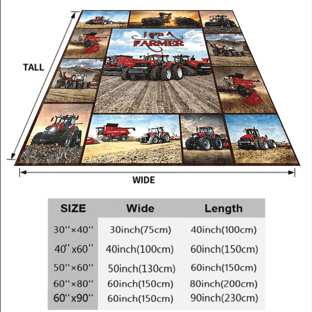 1pc Allseason Blanket Vibrant Red Agricultural Machinery Collage Flannel Throw with I Am A Farmer Text Cozy Soft Sofa Blanket Farm Theme Decor