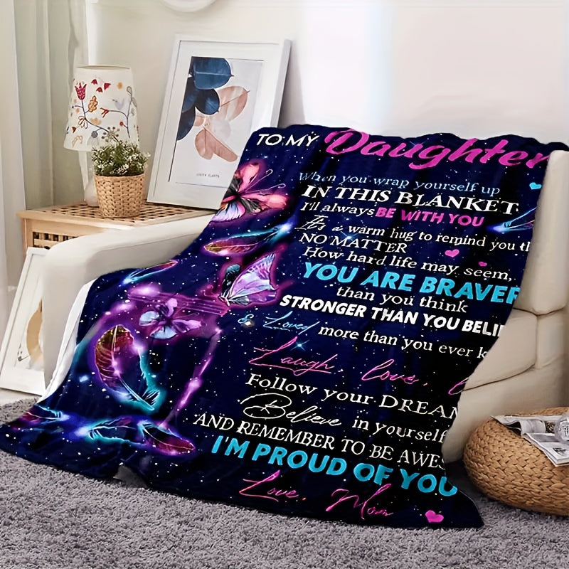 1pc Cozy Flannel Fleece Blanket for Daughter - Soft Polyester Throw with Inspirational Quotes, All-Season Comfort, Machine Washable, Perfect Mother'S Gift for Birthday Or Holiday