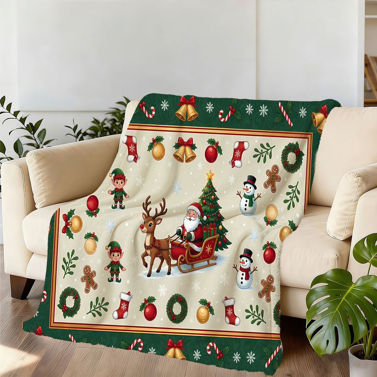 1pc, Santa Claus Sleigh and Reindeer Pattern Flannel Blanket with Green Border Design, Soft, Comfortable, and Warm, Winter Thermal Throw Blanket, Suitable for Living Room Sofas, Bedroom Sofa, Reading Areas, Rest Areas, and Holiday Decorations