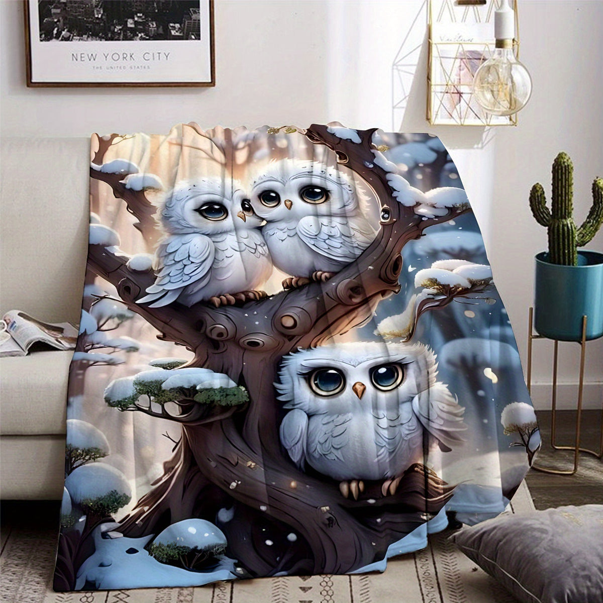 1pc 2D Flat Print, Snowy Night Two Owls Cuddling Blanket, Soft Flannel Blanket¡ªwhite and Blue Design, Multiple Sizes Available, Suitable for Living Room Sofas, Bedroom, Reading Nooks, Leisure Time, and Winter Warmth, 2D Flat