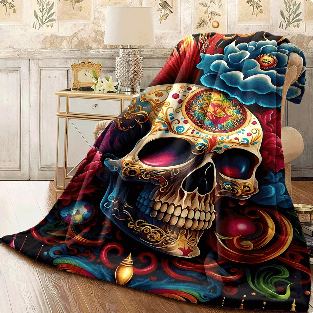 1pc Colorful Sugar Skull Flannel Blanket Vibrant Floral And Ornate Skull Design Cozy Soft Flannel Material for Sofa All-Season Comfort Decor Throw