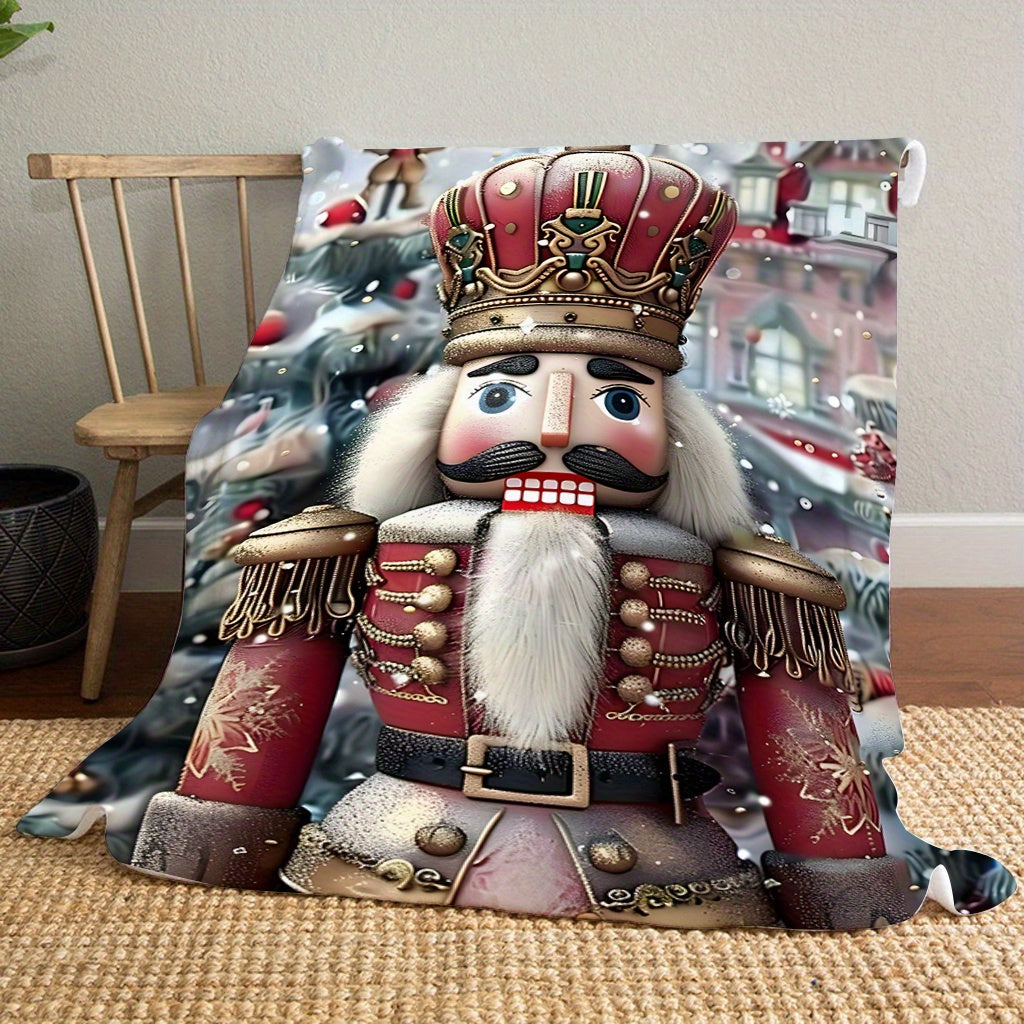 1pc Christmas Nutcracker Themed Red Flannel Large Blanket, for Holiday Home Decor, Weekend Sofa Naps, Living Room Couch Throw