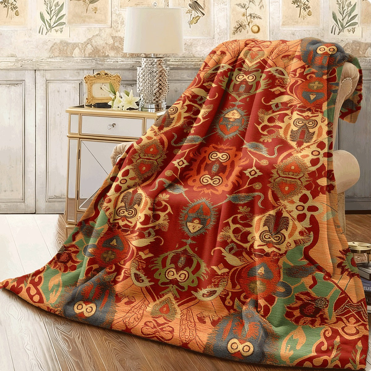 1pc A Vintage Bohemian Moroccan Style Blanket Ultra-Soft And Comfortable in Orange with Traditional Eastern Design Featuring a Single-Sided Print Suitable for S Sofas And Home Office Naps
