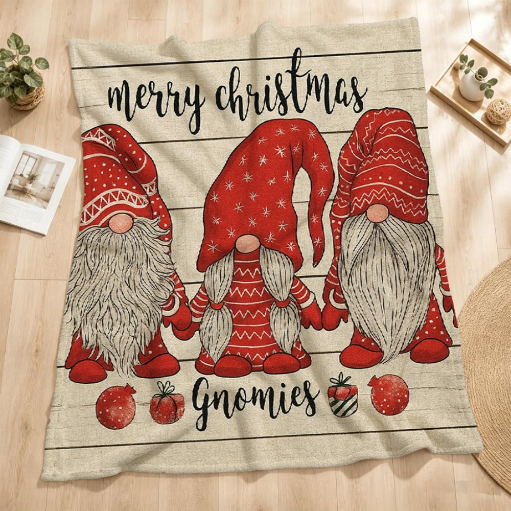 1pc Christmas Red "Gnomies" Pattern Cream Beige Flannel Blanket, Festive Warm Design, Soft Plush All-Season Use, Suitable for Reading Time, Home Nap, And Holiday Decor