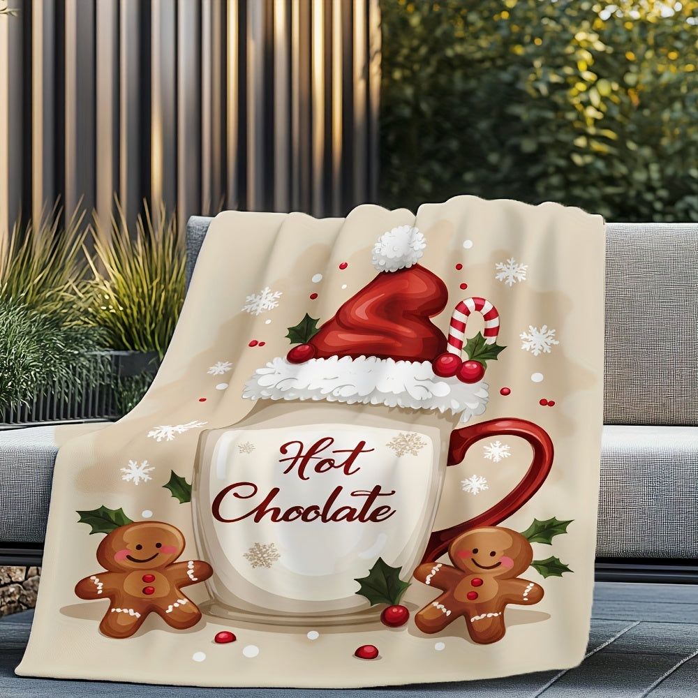1pc Christmas Gingerbread Hot Cocoa Throw Blanket, Santa Hat And Gingerbread Print Design, Full-Size Blanket, Soft Fleece Velvet, Lightweight And Durable, Multi-Size Available, Suitable for Christmas Decor, Outdoor Leisure, Living Room Sofa