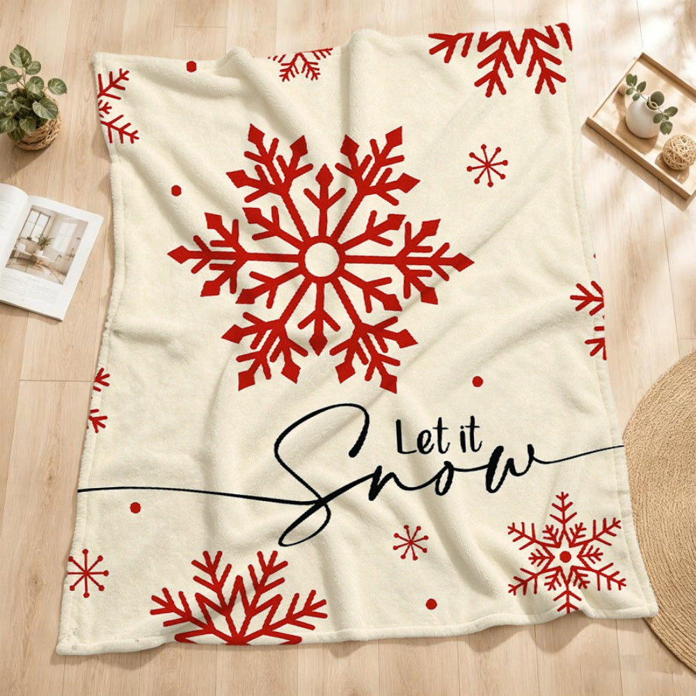 1pc of Cream Beige Flannel Blanket with Red Snowflakes and "Let It Snow" Theme, Featuring a Christmas Winter Decorative Design. Soft Plush Surface, Suitable for All Seasons. Ideal for Home Naps, Movie Nights, and Seasonal Home Use