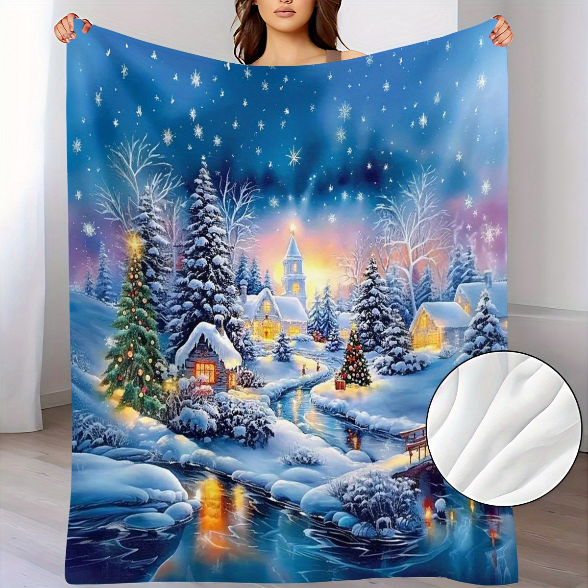 Christmas Village Pattern Flannel Blanket, Soft and Warm Lunch Break Blanket, Suitable for Sofa, Travel, Camping, Living Room, Office, Chairs, Available in Four Seasons, Hot Printed Flannel Blanket, Multipurpose Blanket