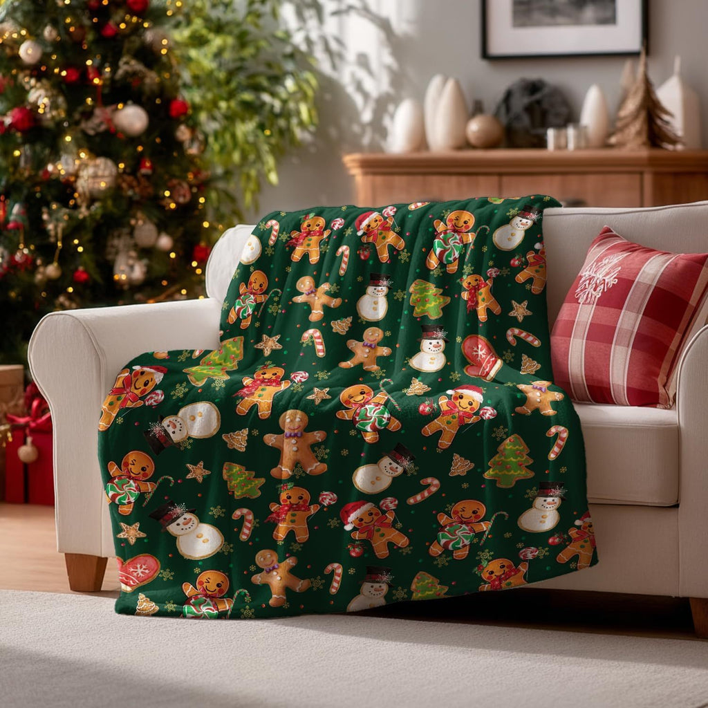 A Green Thickened and Warm Christmas Lovely Gingerbread for Man Print Ladies Blanket, Contemporary Soft and Comfortable Flannel Blanket, the Perfect Gift for Christmas, Birthday, Fit, and Sofa Decoration, Light and Comfortable Camping Blanket