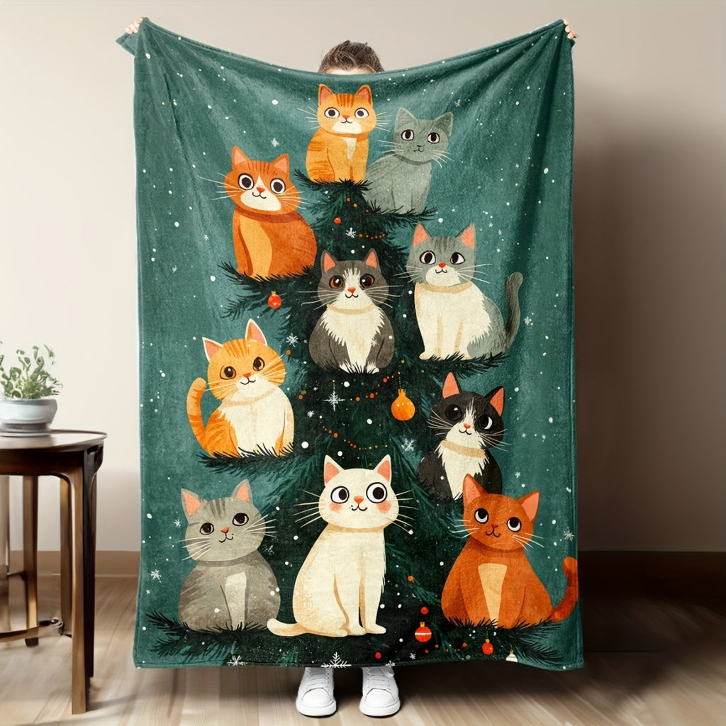 1pc 2D Flat Print Christmas Cat Tree Pattern Blanket, Soft Flannel Throw Blanket, Dark Green Design, Suitable for All Seasons, Warm Cover Blanket, Multiple Sizes Available, Suitable for Living Room Sofa, Bedroom, Reading Nook, Leisure Time